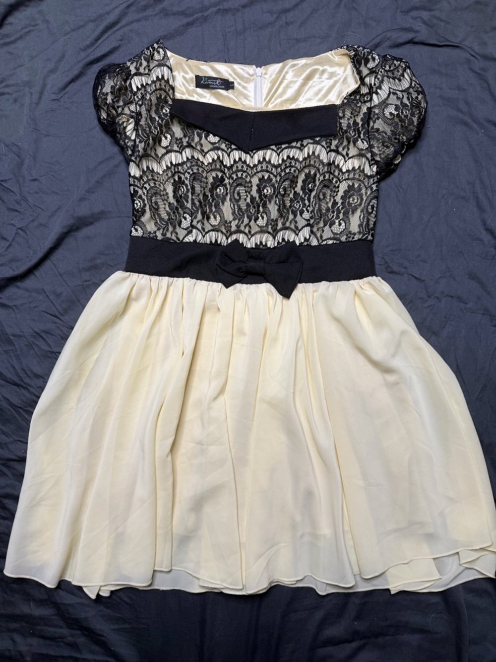 Women's Black Lace & Cream Chiffon Mini Dress with Bow Waist - Fit is XS